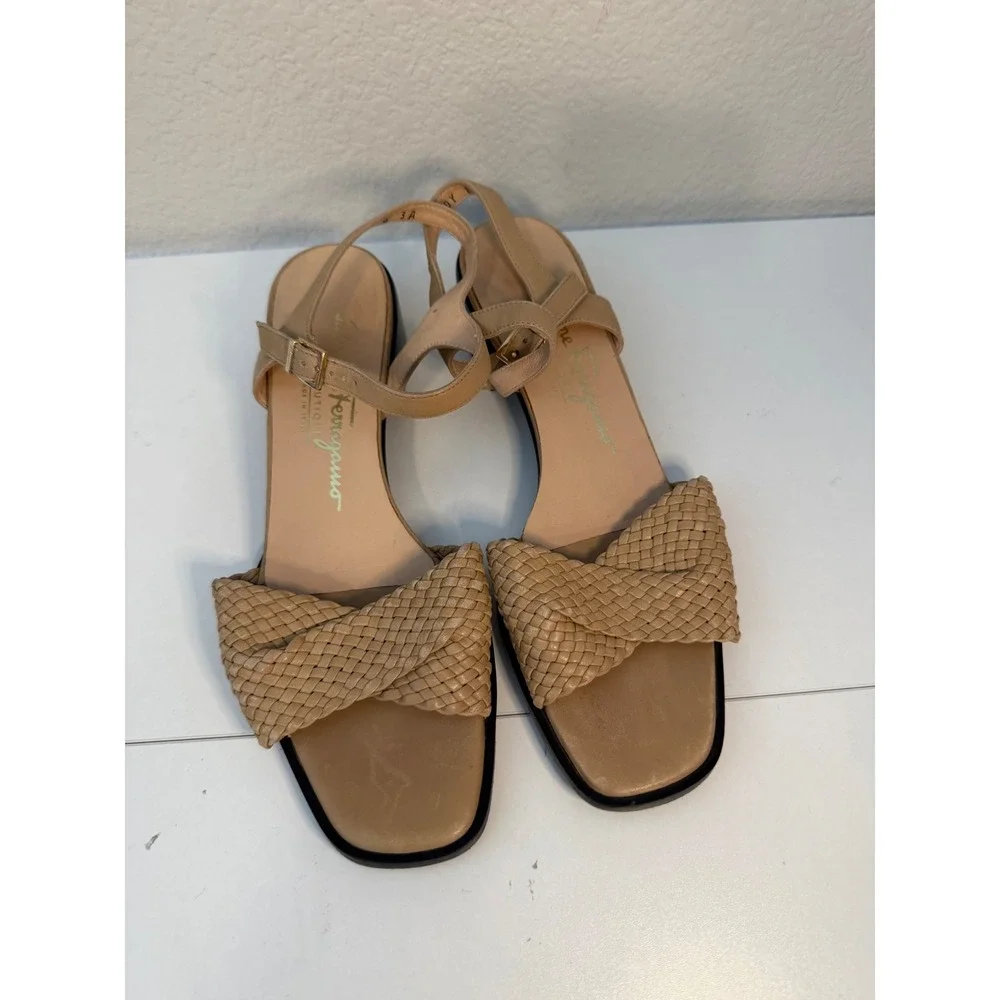 Salvatore Ferragamo Woven Leather Block Heel Sandals Tan Beige Size 8 B Italy